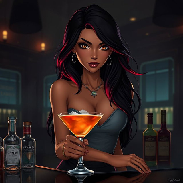 A charismatic Latina bartender with mesmerizing brown eyes, long flowing dark hair with vibrant red highlights, and a warm tan complexion