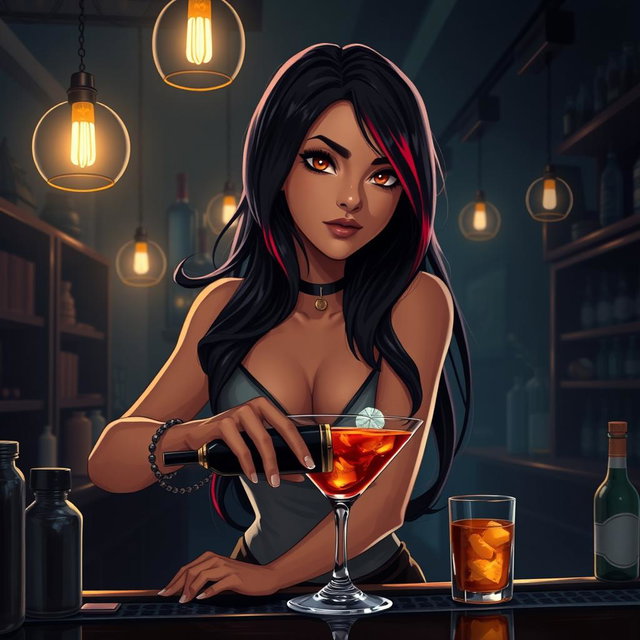 A charismatic Latina bartender with mesmerizing brown eyes, long flowing dark hair accented with striking red highlights, and a warm tan complexion