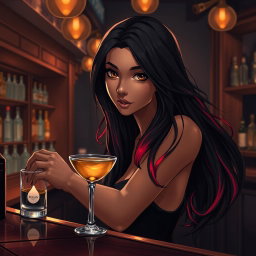 A charismatic Latina bartender with mesmerizing brown eyes, long flowing dark hair featuring vibrant red highlights, and a warm tan complexion