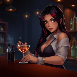 A charismatic Latina bartender with mesmerizing brown eyes, long flowing dark hair featuring vibrant red highlights, and a warm tan complexion
