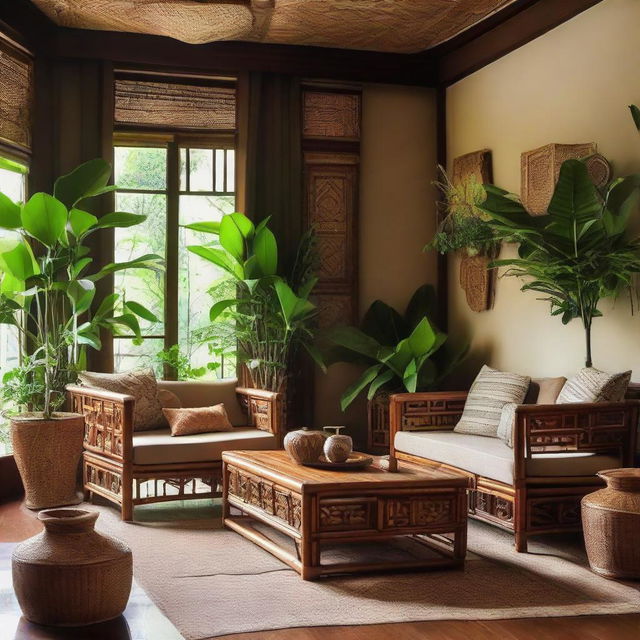 A traditional Javanese living room loaded with handcrafted bamboo and rattan furniture from Java craft. The room boasts a warm, earthy ambiance, embellished with Batik patterns, wooden accents, and adorned with lush indoor plants, creating a classic yet cozy atmosphere.