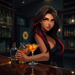 A charismatic Latina bartender with mesmerizing brown eyes, long flowing dark hair featuring vibrant red highlights, and a warm tan complexion