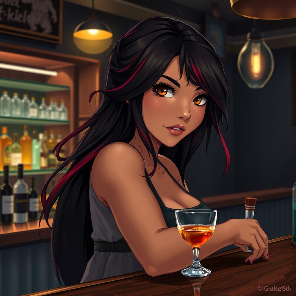 A charismatic Latina bartender with mesmerizing brown eyes, long flowing dark hair featuring vibrant red highlights, and a warm tan complexion