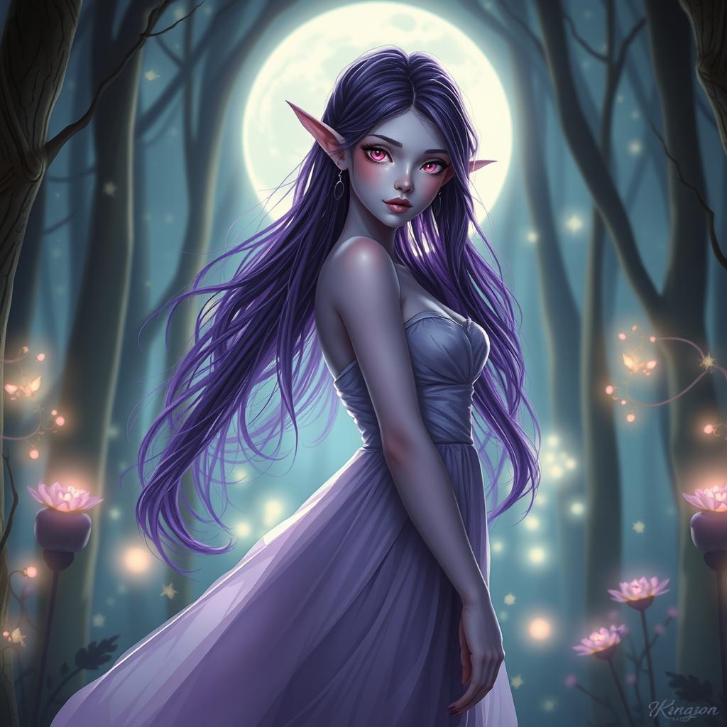 A high lunar elf with light violet skin, dark purple hair, and magenta eyes