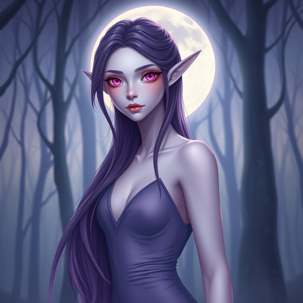 A high lunar elf with light violet skin, dark purple hair, and magenta eyes
