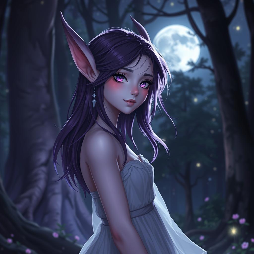 A high moon elf with light violet skin, dark purple hair, and magenta eyes, slender and youthful at 22 years old