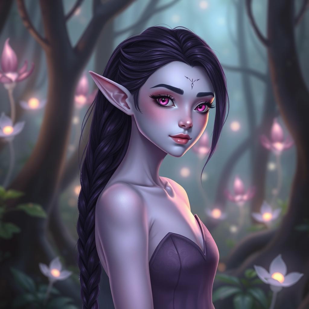 A beautiful young lunar elf with light violet skin, dark purple hair, and striking magenta eyes