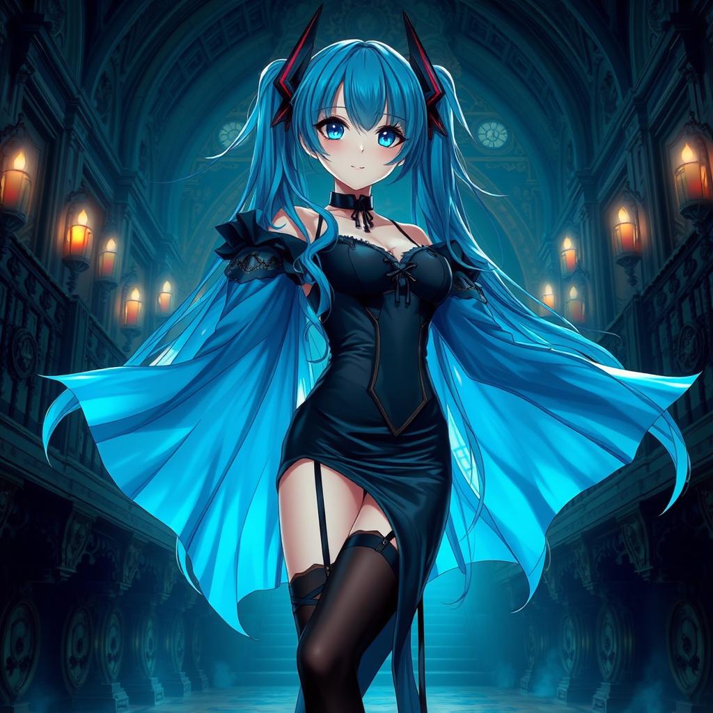 A stunning depiction of Miku in a revealing gothic outfit that highlights her large features