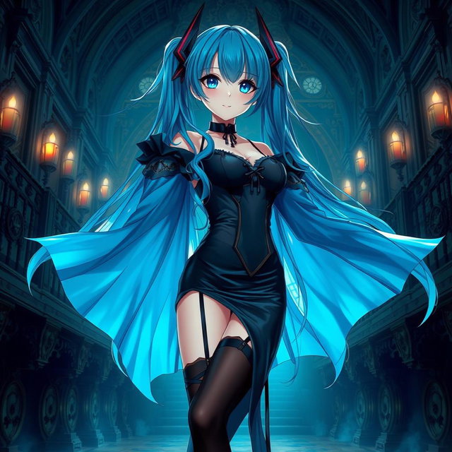 A stunning depiction of Miku in a revealing gothic outfit that highlights her large features