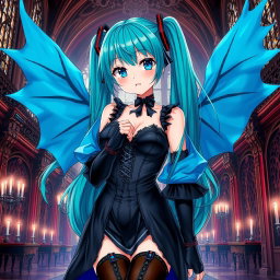 A stunning depiction of Miku in a revealing gothic outfit that highlights her large features