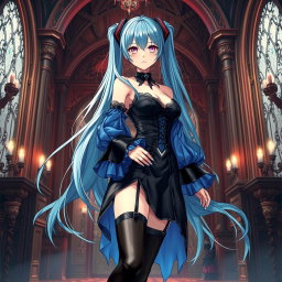 A stunning depiction of Miku in a revealing gothic outfit that highlights her large features