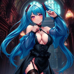 A stunning depiction of Miku in a revealing gothic outfit that highlights her large features