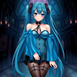 A captivating portrayal of Miku featuring her in a revealing gothic outfit that accentuates her large bust