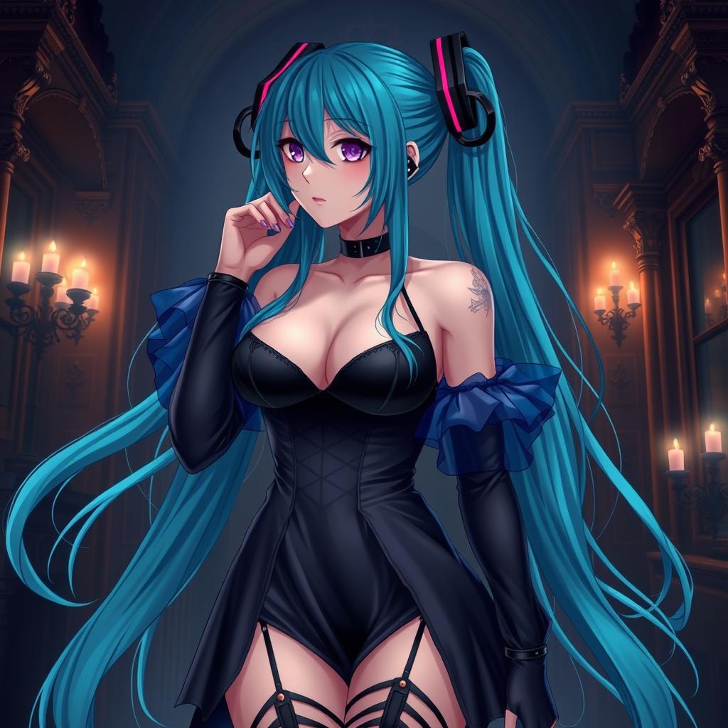 A captivating portrayal of Miku featuring her in a revealing gothic outfit that accentuates her large bust