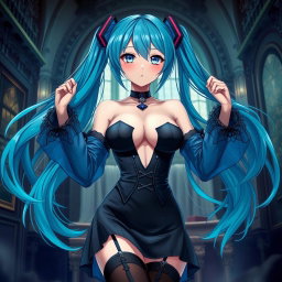A captivating portrayal of Miku featuring her in a revealing gothic outfit that accentuates her large bust