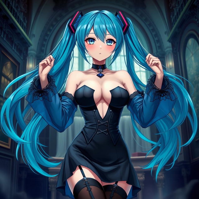 A captivating portrayal of Miku featuring her in a revealing gothic outfit that accentuates her large bust