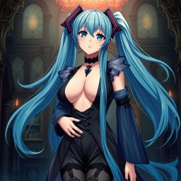 A captivating portrayal of Miku featuring her in a revealing gothic outfit that accentuates her large bust