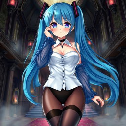 A striking illustration of Miku showcasing her large features in a revealing Miku-styled gothic outfit
