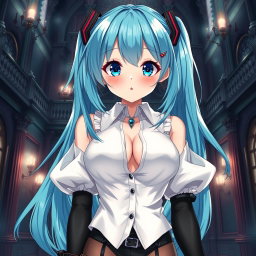 A striking illustration of Miku showcasing her large features in a revealing Miku-styled gothic outfit