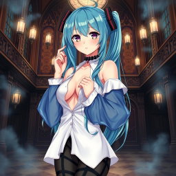 A striking illustration of Miku showcasing her large features in a revealing Miku-styled gothic outfit