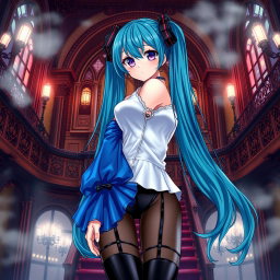 A striking illustration of Miku showcasing her large features in a revealing Miku-styled gothic outfit