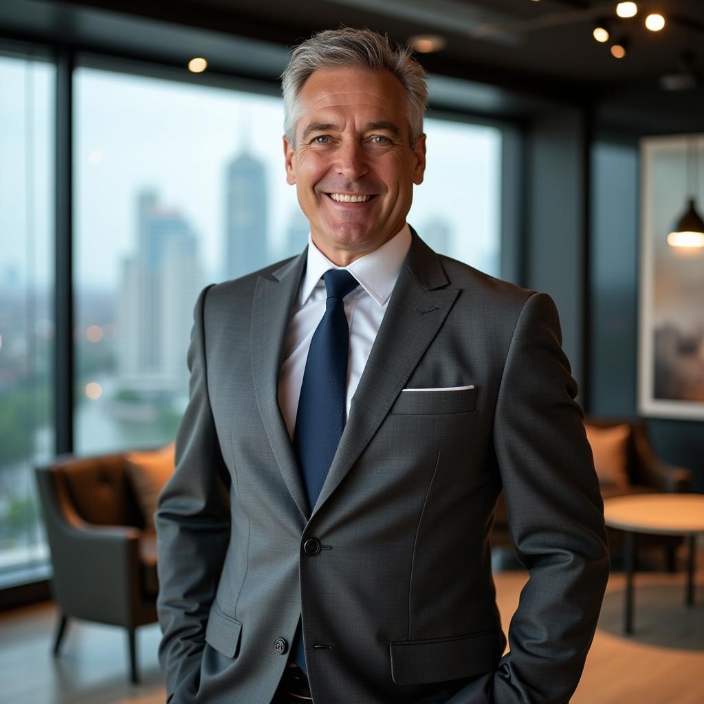 A distinguished male boss in his 50s, exuding an air of confidence and authority
