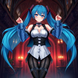 An alluring illustration of Miku featuring her in a revealing gothic outfit that accentuates her large bust