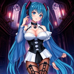 An alluring illustration of Miku featuring her in a revealing gothic outfit that accentuates her large bust