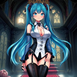 An alluring illustration of Miku featuring her in a revealing gothic outfit that accentuates her large bust