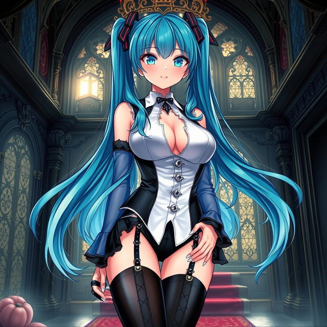 An alluring illustration of Miku featuring her in a revealing gothic outfit that accentuates her large bust