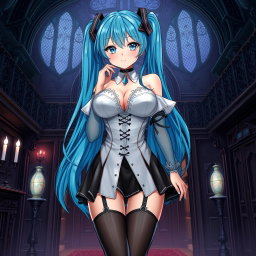 An alluring illustration of Miku featuring her in a revealing gothic outfit that accentuates her large bust