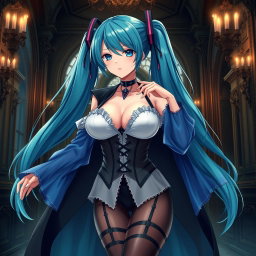 A stunning depiction of Miku featuring her large bust in a revealing Miku-styled gothic outfit