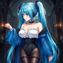 A stunning depiction of Miku featuring her large bust in a revealing Miku-styled gothic outfit