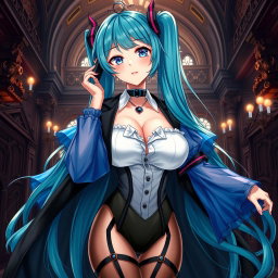 A stunning depiction of Miku featuring her large bust in a revealing Miku-styled gothic outfit
