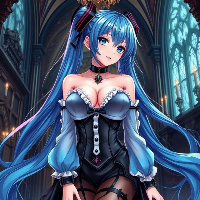 A stunning depiction of Miku featuring her large bust in a revealing Miku-styled gothic outfit