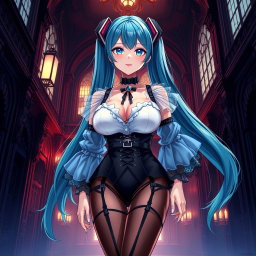 An enchanting portrayal of Miku, featuring her large bust in a revealing Miku-styled gothic outfit