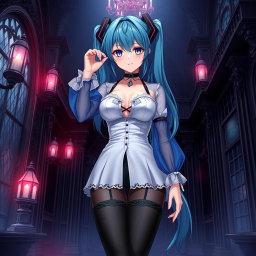 An enchanting portrayal of Miku, featuring her large bust in a revealing Miku-styled gothic outfit