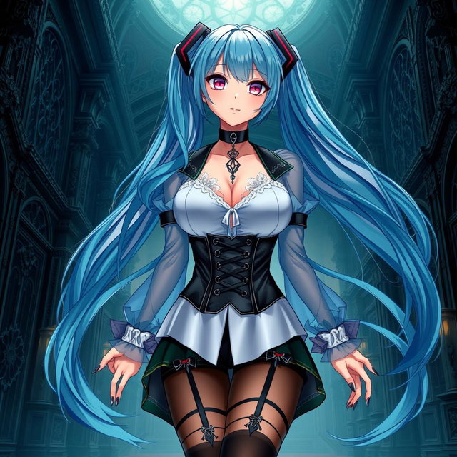 An enchanting portrayal of Miku, featuring her large bust in a revealing Miku-styled gothic outfit