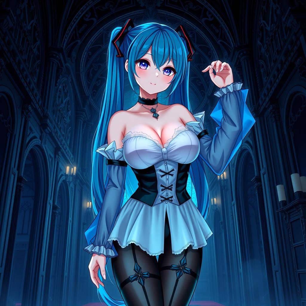 An enchanting portrayal of Miku, featuring her large bust in a revealing Miku-styled gothic outfit