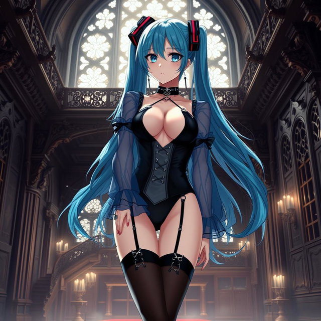 A captivating depiction of Miku showcasing her large bust in a revealing Miku-styled gothic outfit, designed to show skin