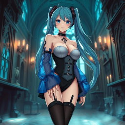 A captivating depiction of Miku showcasing her large bust in a revealing Miku-styled gothic outfit, designed to show skin