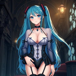 A captivating depiction of Miku showcasing her large bust in a revealing Miku-styled gothic outfit, designed to show skin