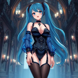 A captivating depiction of Miku showcasing her large bust in a revealing Miku-styled gothic outfit, designed to show skin