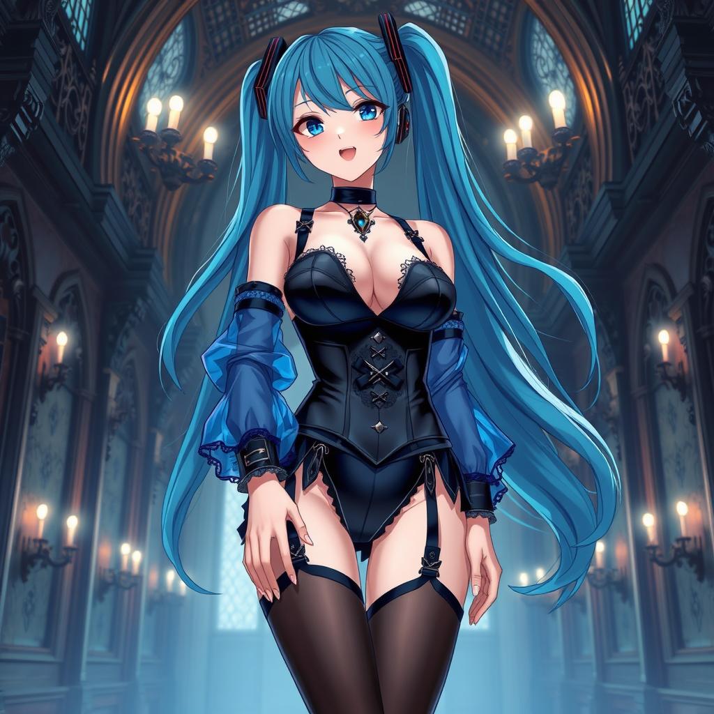 A captivating depiction of Miku showcasing her large bust in a revealing Miku-styled gothic outfit, designed to show skin