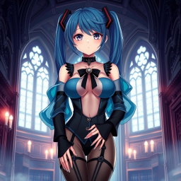 A striking portrayal of Miku, showcasing her large bust in a revealing Miku-styled gothic outfit that artfully exposes skin
