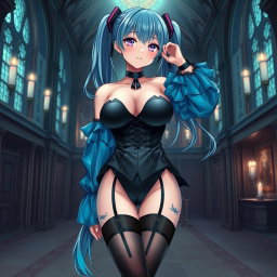 A striking portrayal of Miku, showcasing her large bust in a revealing Miku-styled gothic outfit that artfully exposes skin
