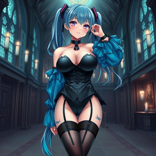 A striking portrayal of Miku, showcasing her large bust in a revealing Miku-styled gothic outfit that artfully exposes skin