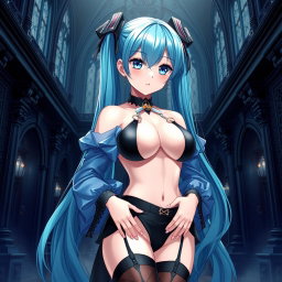 A striking portrayal of Miku, showcasing her large bust in a revealing Miku-styled gothic outfit that artfully exposes skin
