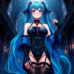A striking portrayal of Miku, showcasing her large bust in a revealing Miku-styled gothic outfit that artfully exposes skin