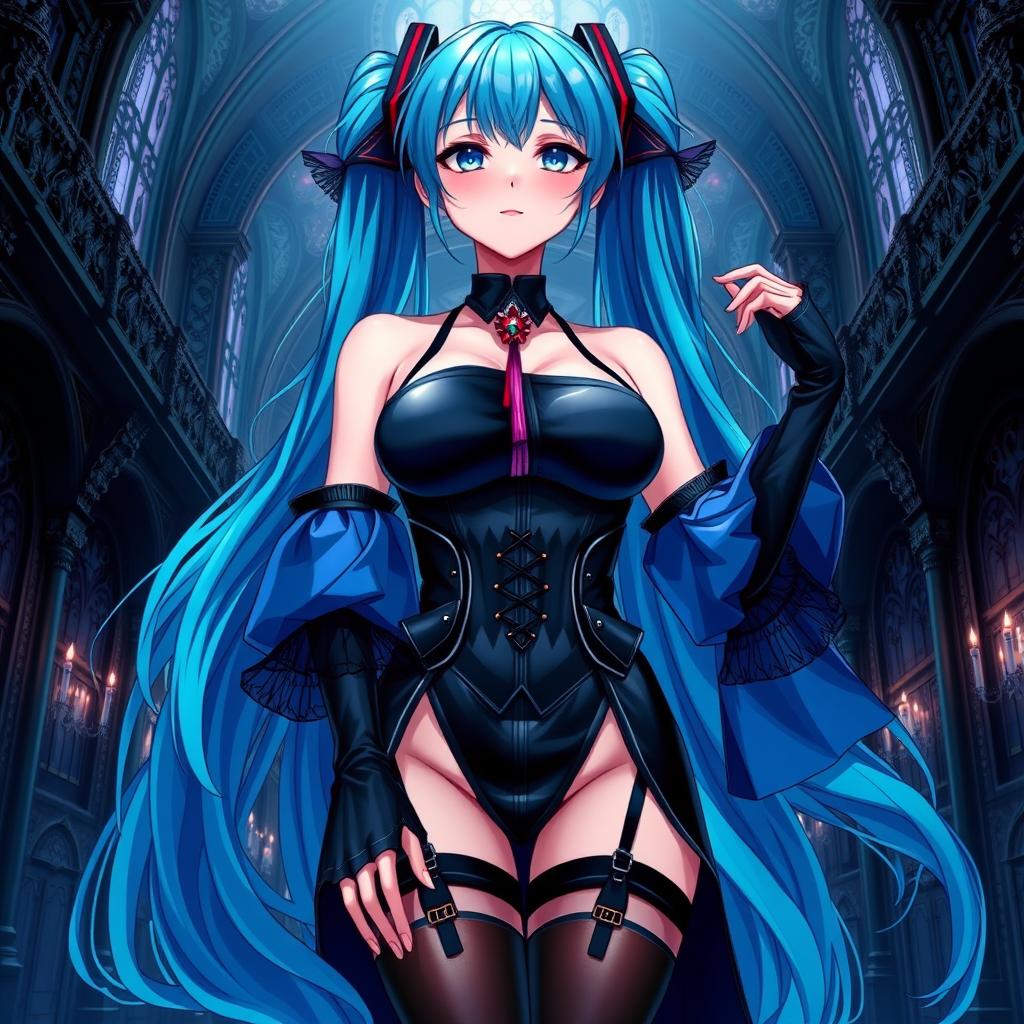 A striking portrayal of Miku, showcasing her large bust in a revealing Miku-styled gothic outfit that artfully exposes skin